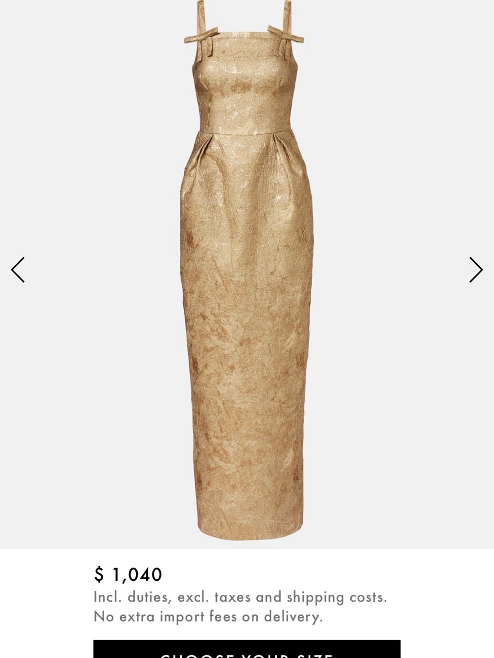 Rebecca Vallance Metallic Gold Maxi Dress with Bow Straps